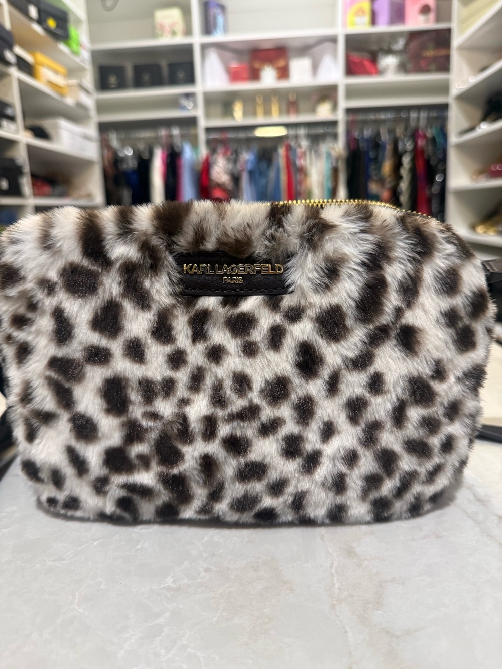 Karl Lagerfeld Leopard-Print Faux Fur Crossbody Bag New with tag - Brown/Black - Picture 13 of 13